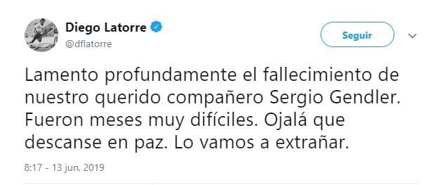 El mensaje de Diego Latorre por la muerte de Sergio Gendler (Foto: captura Twitter)