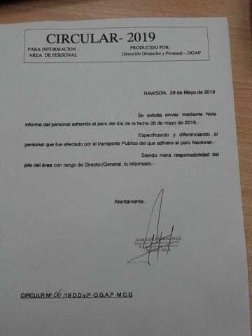 Circular emitida a pedido de informe para controlar las ausencias de los empleados estatales.