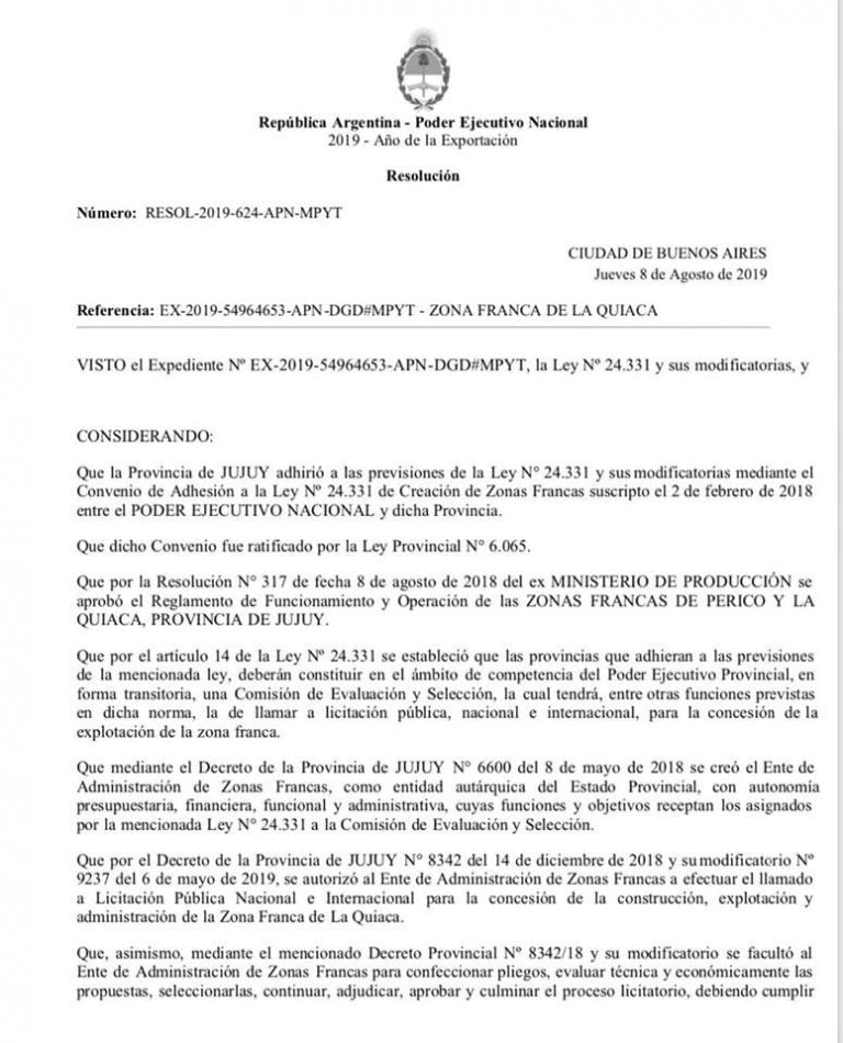 La resolución del Ministerio de Producción y Trabajo de la Nación, referida a la Zona Franca de Perico.