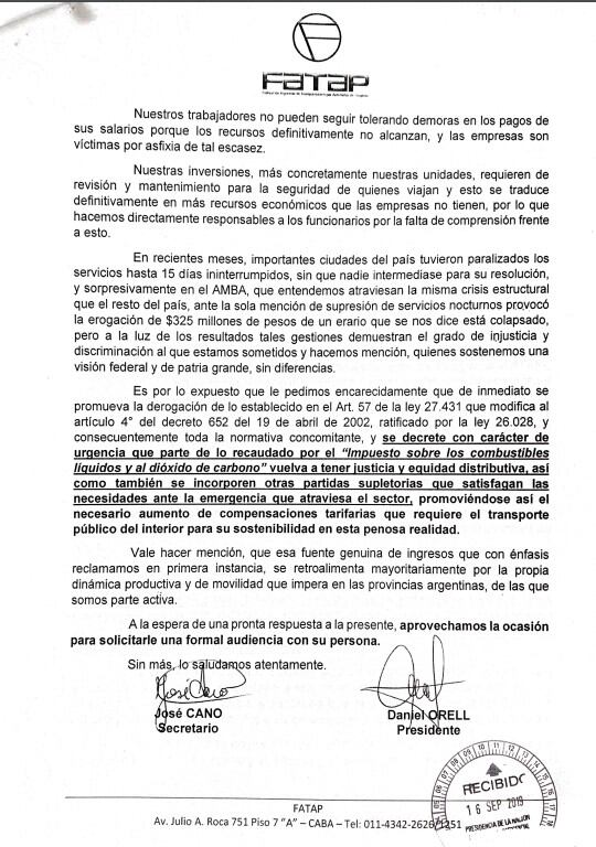 Carta enviada al presidente Mauricio Macri desde FATAP.