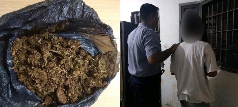 Ocasionaba disturbios junto a otras personas y cuando vio a la Policía intentó esconder una bolsa con marihuana.