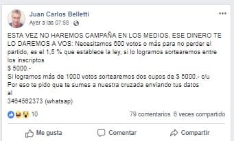 Imágenes de la cuenta de Facebook de Juan Carlos Belletti, precandidato a concejal en Casilda.