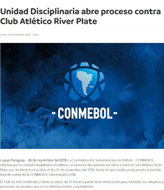 La Unidad Disciplinaria de la Conmebol le abrió un expediente de oficio a River.