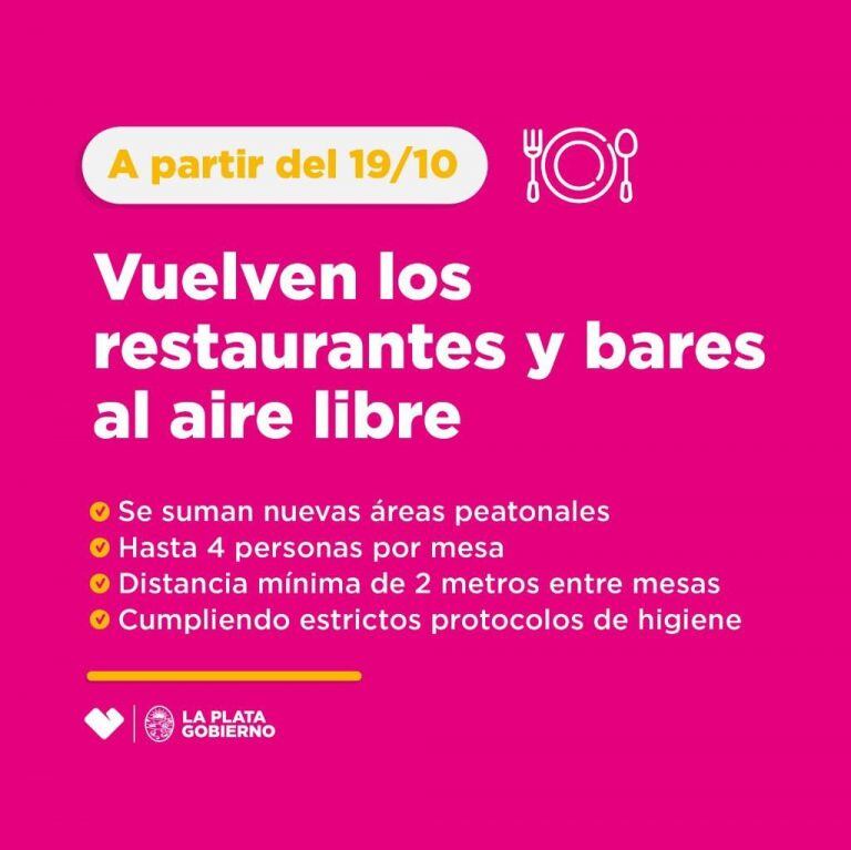 Los restaurantes y bares podrán trabajar al aire libre (Municipalidad de La Plata)