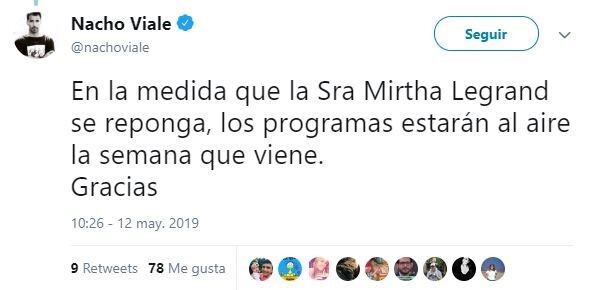 Los mensajes de Nacho Viale para anunciar la suspensión del programa (Foto: Twitter)