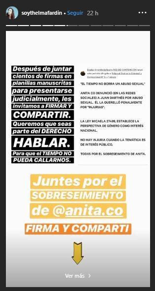 Thelma Fardin está liderando una campaña para conseguir el sobreseimiento de Anita Co (Foto: Instagram/ soythelmafardin)