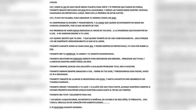 Estas fueron las palabras que escribió Gabriel para pedirle casamiento a Carlos.