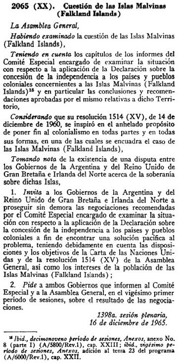 Resolución 2065 ONU, insta a Reino Unido y Argentina a encontrar una solución pacífica a la situación que los enfrenta por Malvinas.