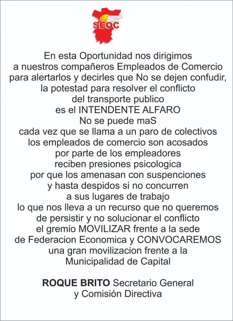 El Sindicato de Empleados de Comercio, difundió un documento sobre la situación del paro de ómnibus en la provincia. (Comunicado Oficial)