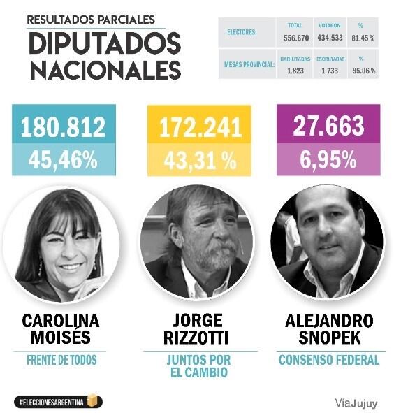 Con los guarismos registrados esta noche, Carolina Moisés, Julio Ferreyra y Jorge Rizzotti fueron elegidos diputados nacionales en Jujuy.