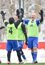 FIFA president Gianni Infantino (R) celebrates with Argentinian football legend Diego Armando Maradona after Maradonna scored a goal during a FIFA Football Legends football game ahead of The Best FIFA Football Awards 2016 on January 9, 2017 at the FIFA's 