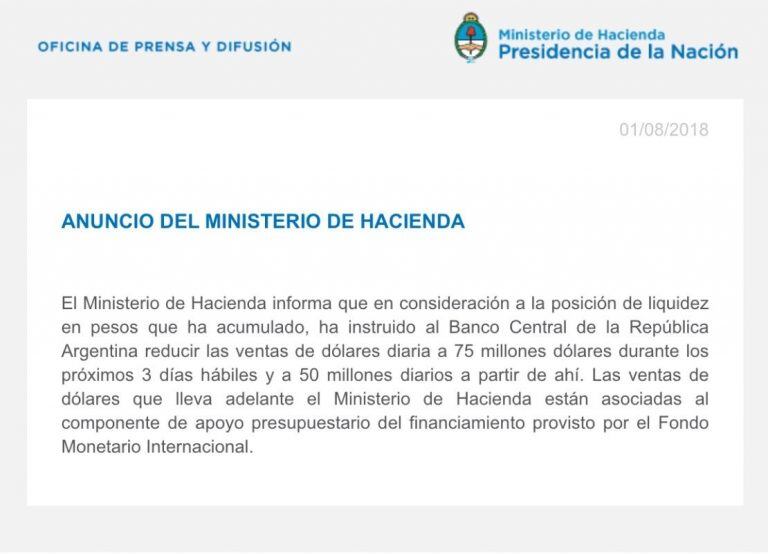 Anuncio del Ministerio de Hacienda