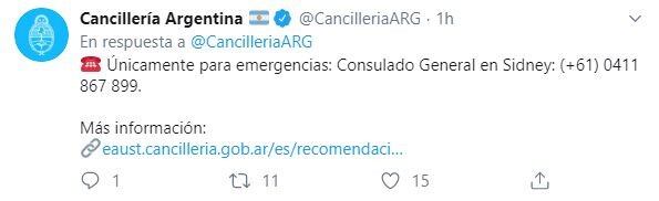 Información para argentinos residentes en Australia o que estén por viajar. (crédito: @CancilleriaARG)