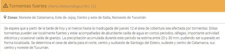 Alerta meteorológica para el noroeste tucumano.