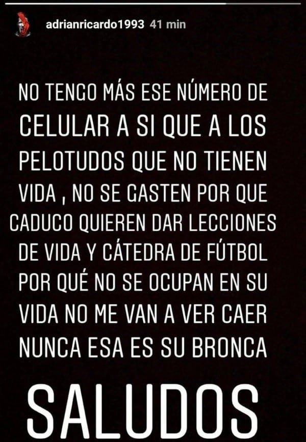 Ricardo Centurión se descargó vía Instagram Stories pero más tarde borró su posteo.