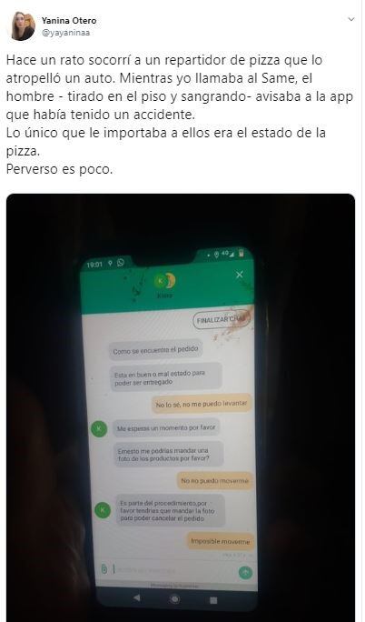 El tweet de la conversación entre el repartidor y la empresa. (Twitter/@yayaninaa)