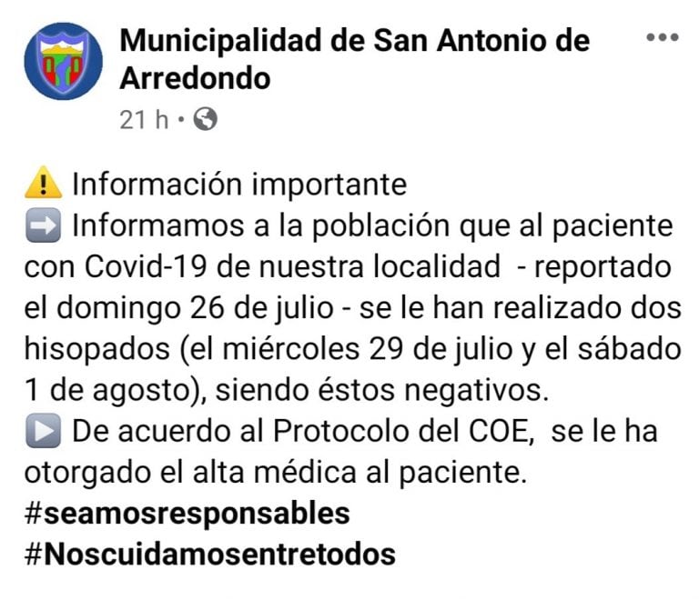 Comunicado oficial desde el Municipio de San Anotonio de Arredondo.