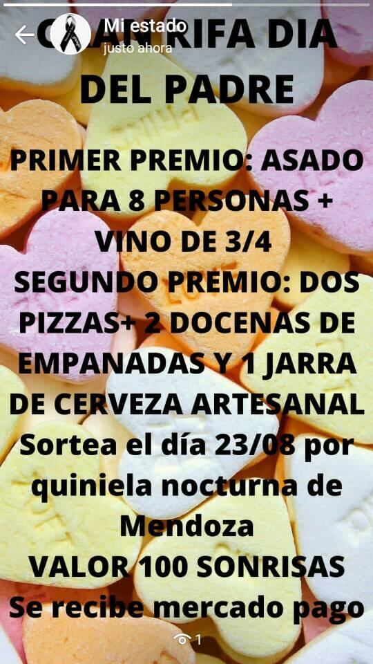 El flyer con el que Paola promociona el sorteo para el Día del Padre Sanmartiniano, y que le permitirá juntar fondos para celebrar el Día del Niño.