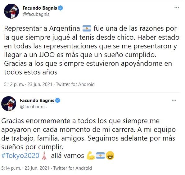 Bagnis competirá en singles en Tokio y también se anotó para jugar en dobles.