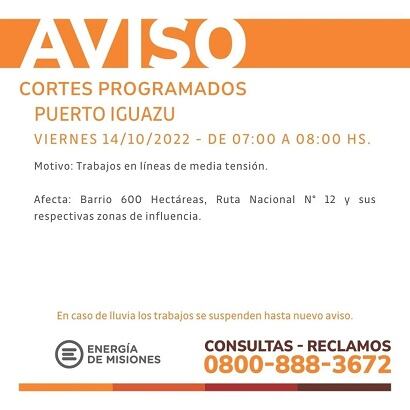 Energía de Misiones anuncia cortes programados para varias localidades de Misiones.