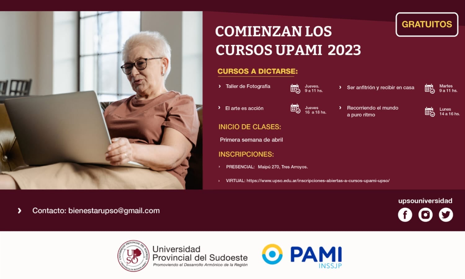 Inscripción abierta en Tres Arroyos a los cursos para Adultos Mayores de UPAMI – UPSO