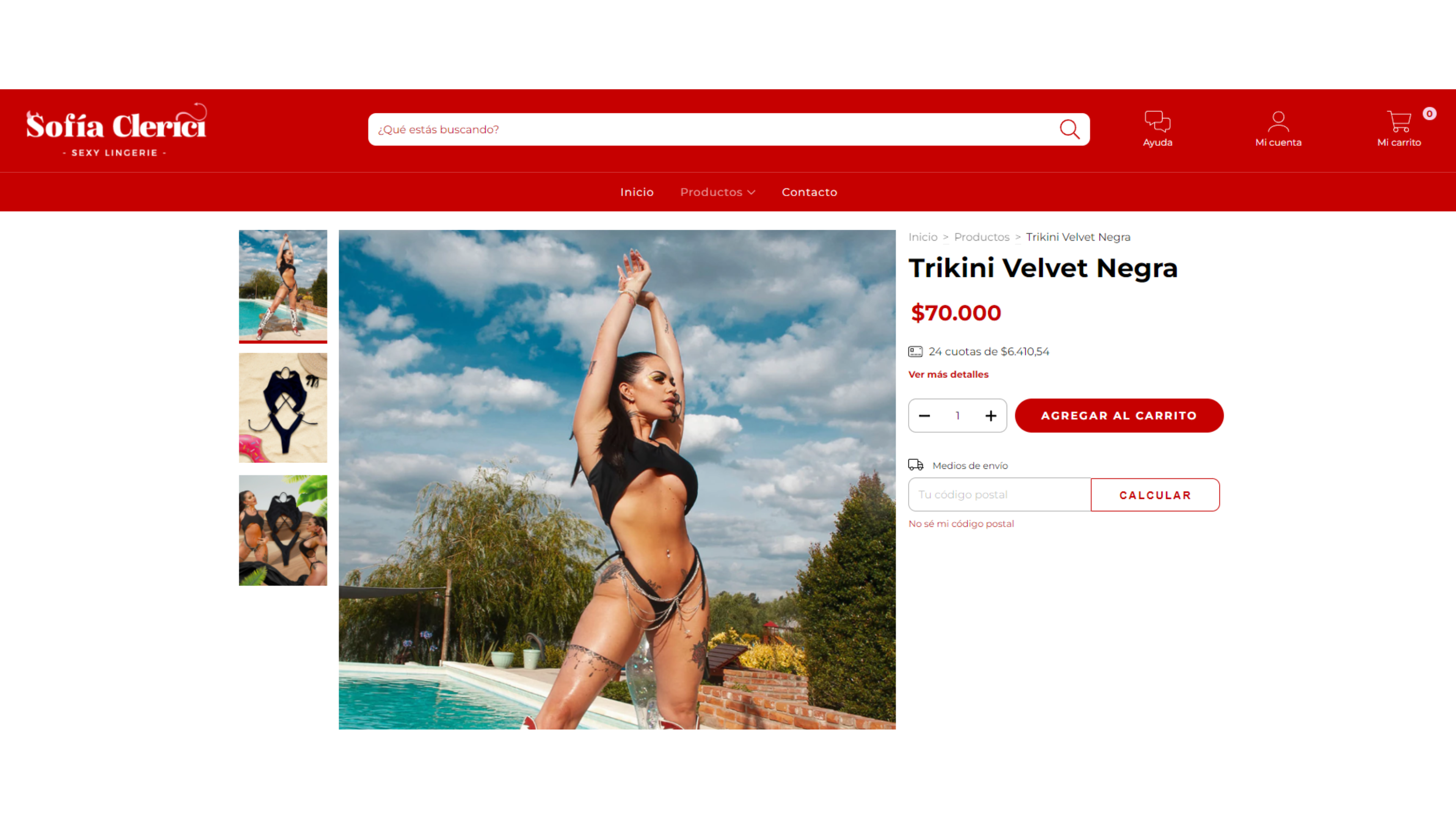 El precio de la trikini velvet en la página de Sofía Clerici.