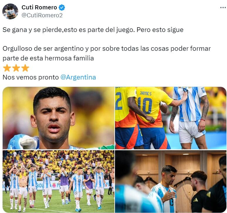 Posteo de Cristian Romero después de que Argentina perdiera ante Colombia por Eliminatorias Sudamericanas