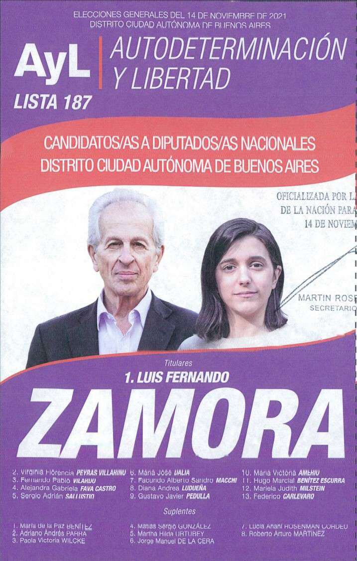 Boleta electoral de "Autodeterminación y Libertad" para las Elecciones 2021 en Ciudad de Buenos Aires, con Luis Fernando Zamora a la cabeza.