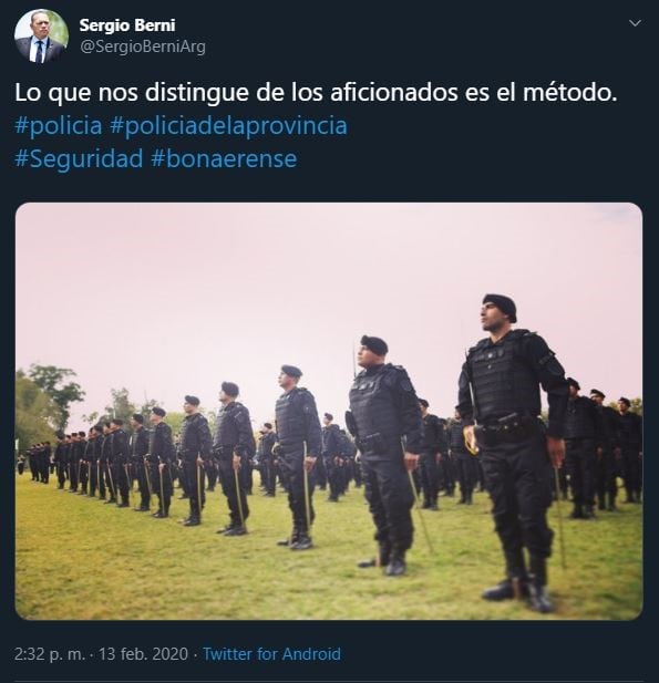 El tuit de Sergio Berni (Twitter)