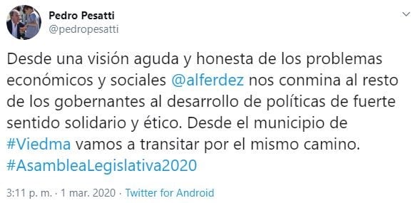 El intendente fue crítico respecto a la situación en Viedma (web).