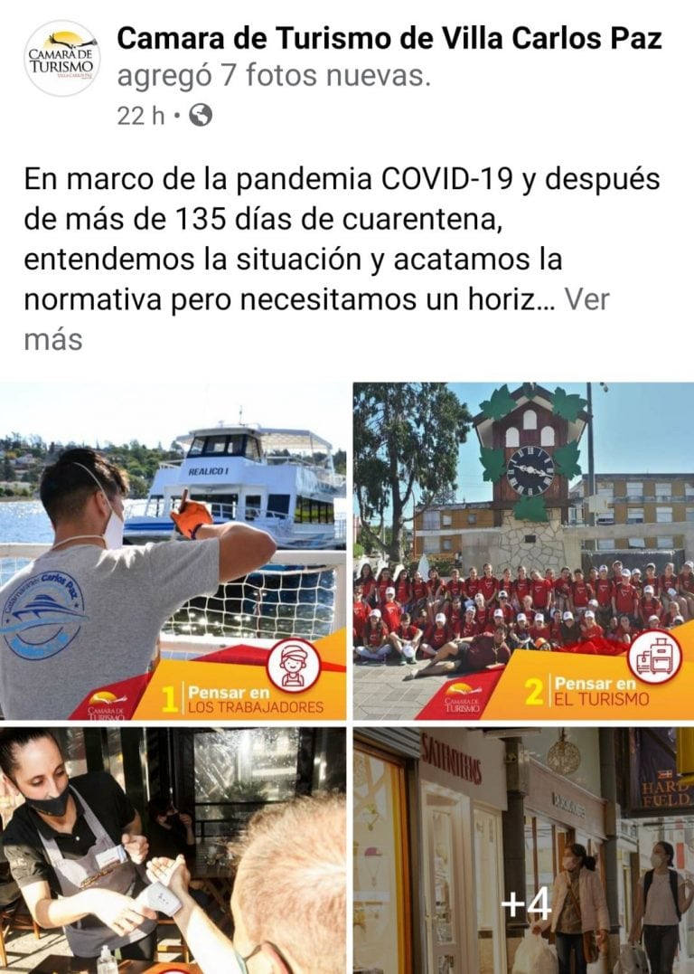 Comunicado de la Cámara de Turismo de Villa Carlos Paz, difundido a través de redes sociales. (Foto: captura / Facebook).