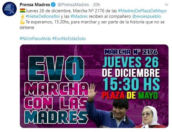 Evo Morales participó de la tradicional marcha de las Madres de Plaza de Mayo. (Captura)