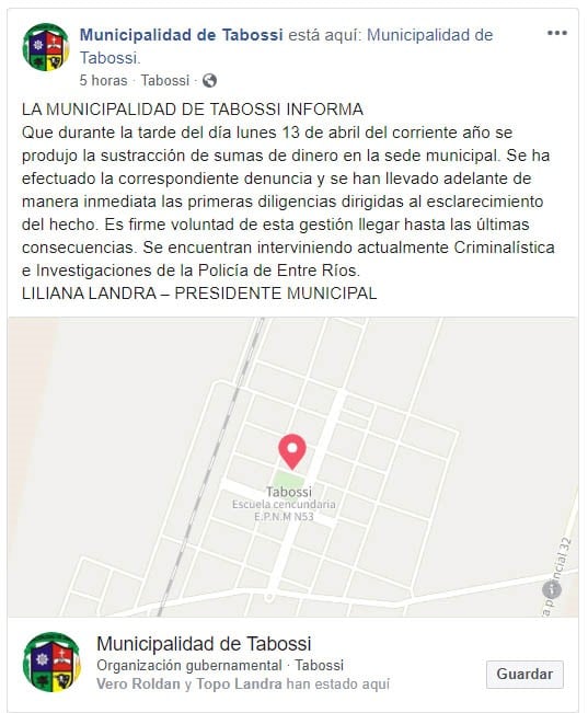 Comunicado en Facebook de la Municipalidad de Tabossi