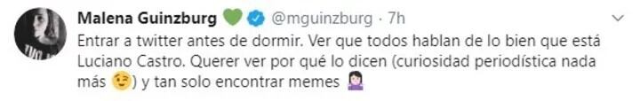 Malena Guinzburg opinó sobre los memes de Luciano Castro (Foto: Captura de Twitter)