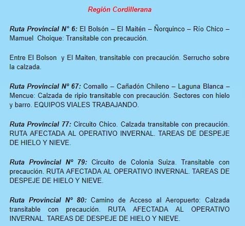 Vialidad de Río Negro avisando el estado de diversas rutas, para más información ingresar a vialidad.rionegro.gov.ar (Foto: Captura).