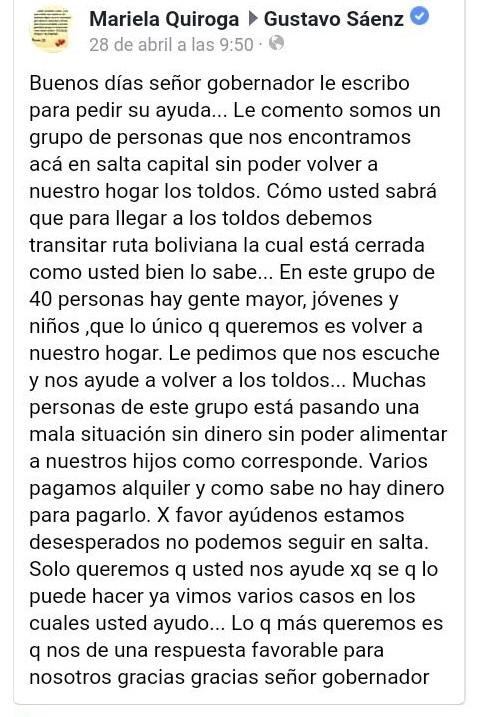 Cuarenta habitantes de Los Toldos varados en Salta piden volver a su hogar. (Facebook)