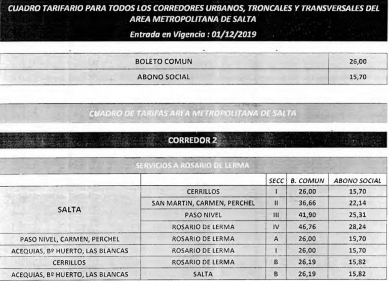 Las tarifas del colectivo a partir de 2019 (Web)