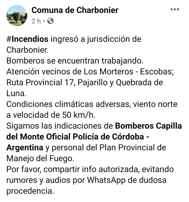 Comunicado oficial de la Comuna de Charbonier a través de sus redes sociales.