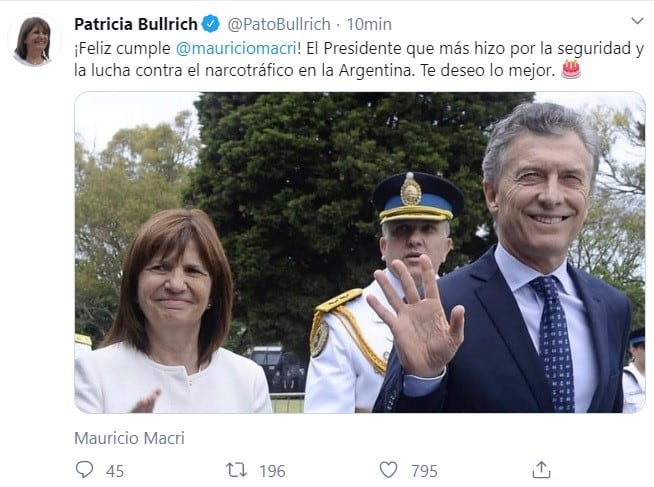 El mensaje de Patricia Bullrich. (Twitter)