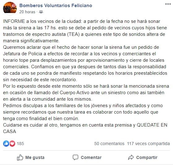 Comunicado del Cuartel de Bomberos de Feliciano