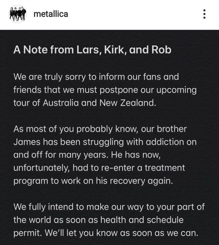 Metallica suspendió su gira por la internación del cantante James Hetfield (Foto: Instagram)