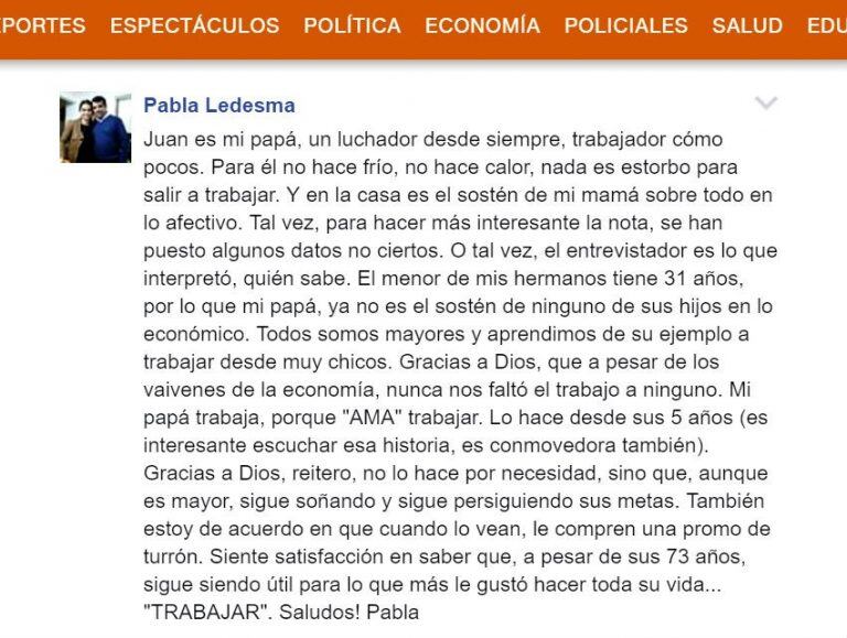 Pabla y el comentario en la nota de su papá Juan Manuel, vendedor de turrones.