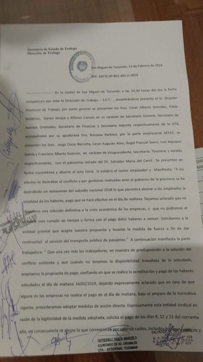 El acta firmada para destrabar el conflicto del transporte. (Vía Tucumán)