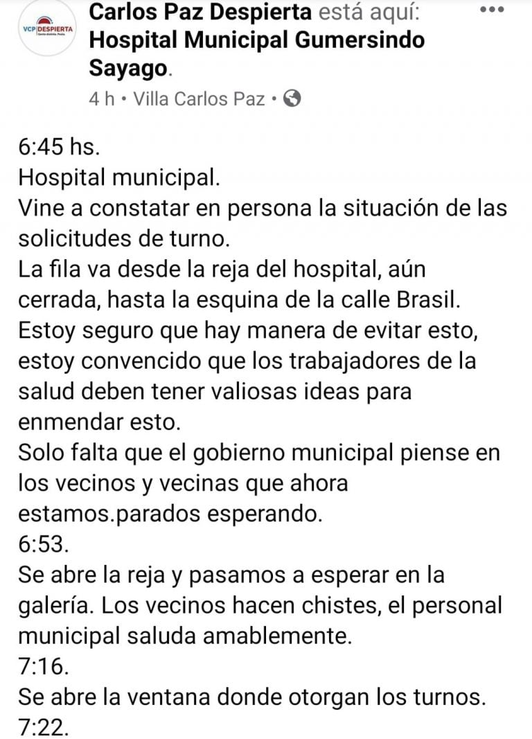 Publicación en Facebook de Carlos Paz Despierta, este miércoles por la mañana.