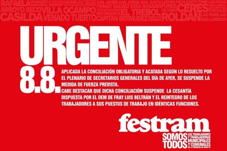 Festram comunicó la suspensión del paro previsto para este miércoles. (Festram)