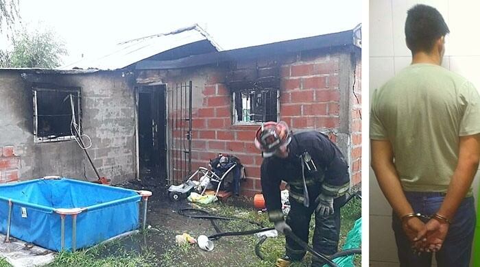 La casa incendiada y el detenido. (foto: Pilar a diario)