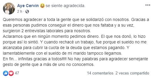 La mujer agradeció los gestos solidarios a través de Facebook (web).