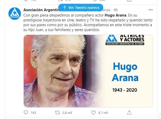 Los famosos despiden a Hugo Arana (Twitter)