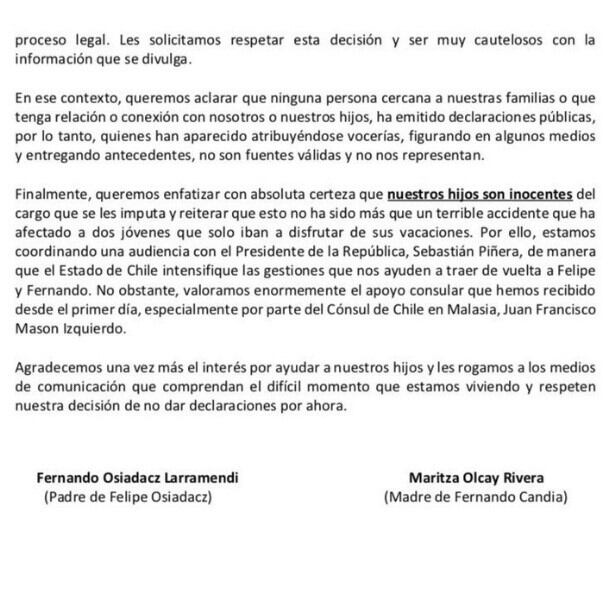 El comunicado de las familias de Felipe Osiadacz y Fernando Candia