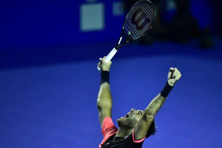 Argentina's Juan Martin del Potro celebrates after winning to South Africa’s Kevin Anderson  (out of frame) during their Mexico ATP 500 Open men's singles final tennis match in Acapulco, Guerrero State, Mexico on March 3, 2018. / AFP PHOTO / PEDRO PARDO